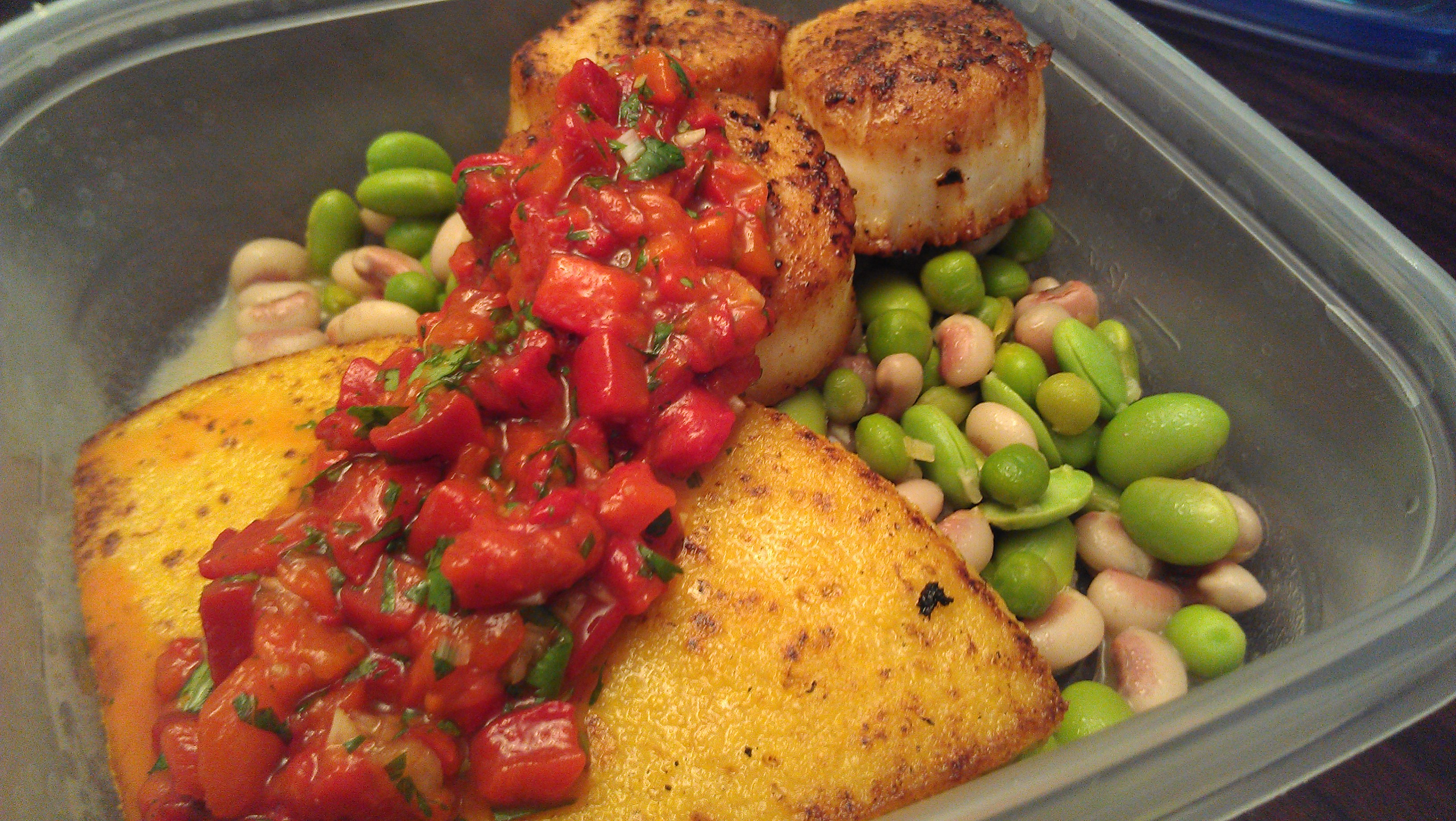 Scallops and polenta with roasted pepper relish